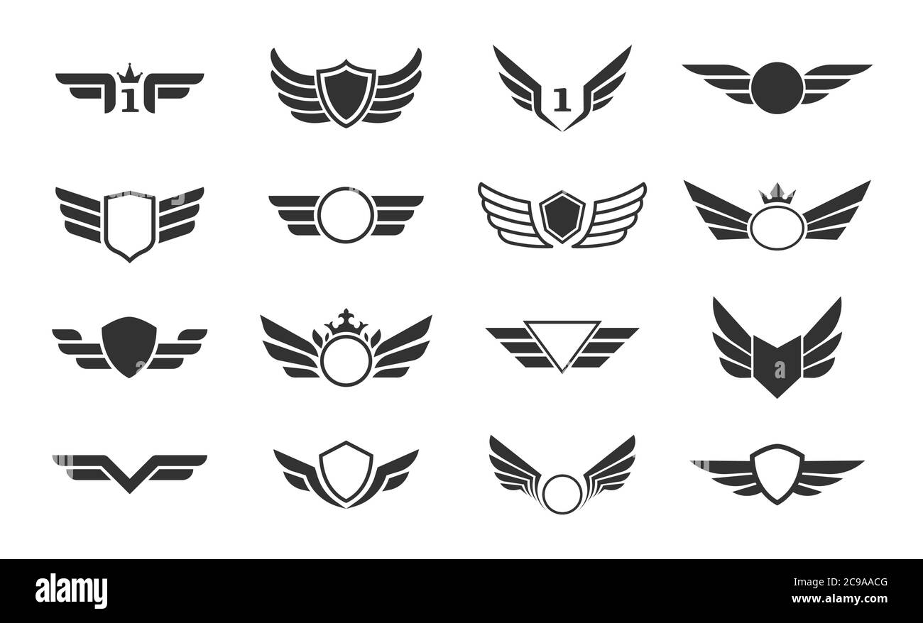 Collection de vecteurs Wings. Emblèmes ailés, cadres, icônes, ailes ange et phoenix. Ailes noires symboliques vectorielles isolées sur blanc. Illustration de Vecteur