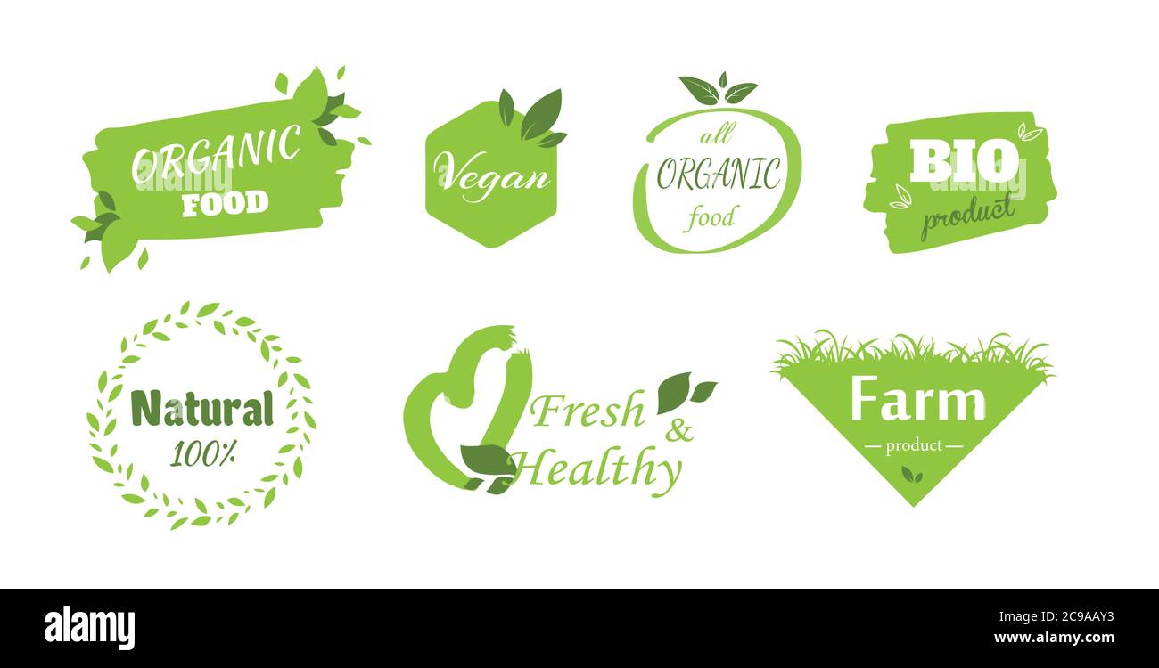 Étiquettes d'aliments biologiques. Ensemble de produits végétariens écologiques frais avec étiquette biologique et étiquette naturelle de couleur verte. Étiquette et autocollant logo Farm Fresh. Vecteur Illustration de Vecteur