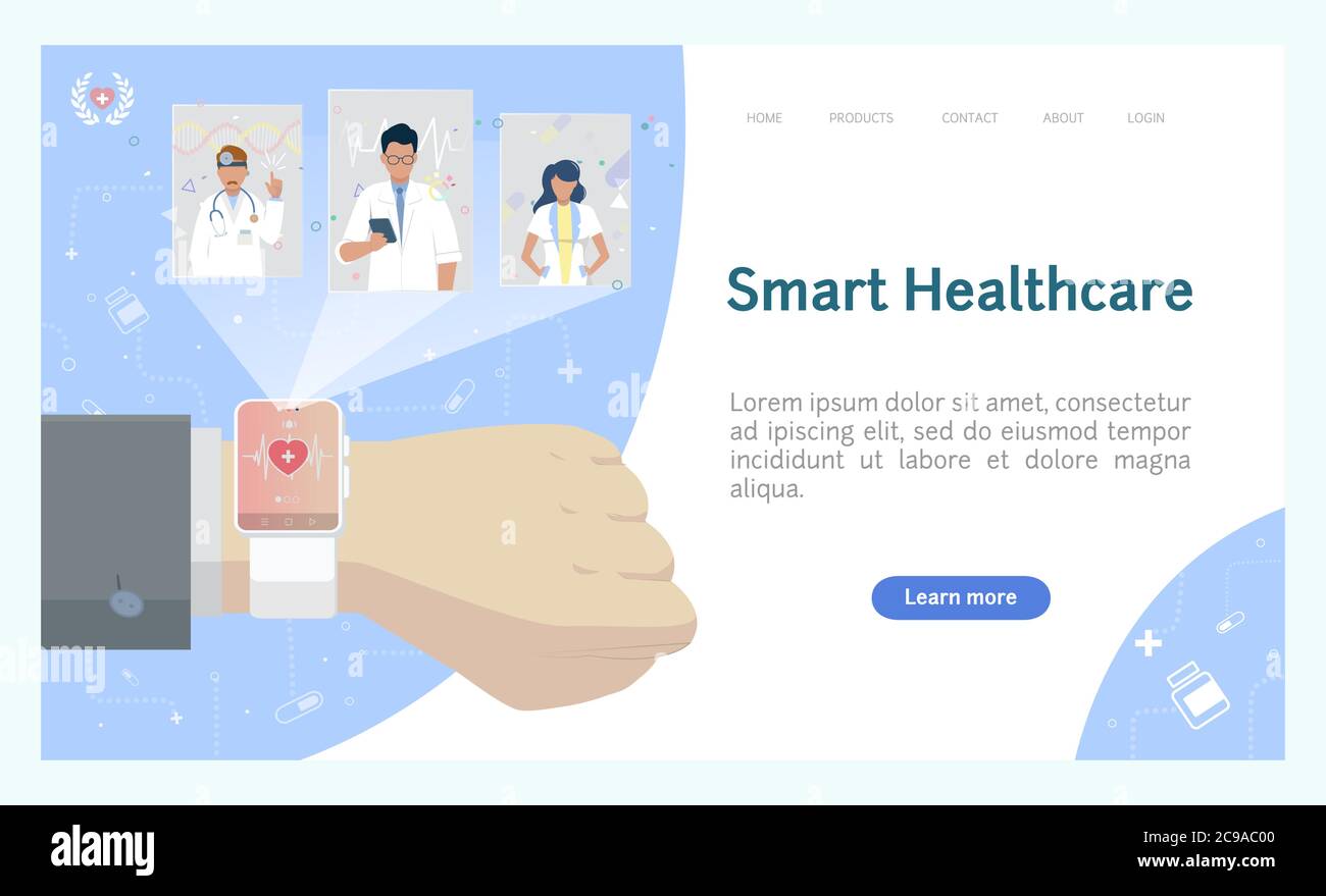 Futurs services médicaux. Utilisation de la montre intelligente pour communiquer avec le médecin. Technologies numériques en médecine. Bannière web vectorielle. Illustration de Vecteur