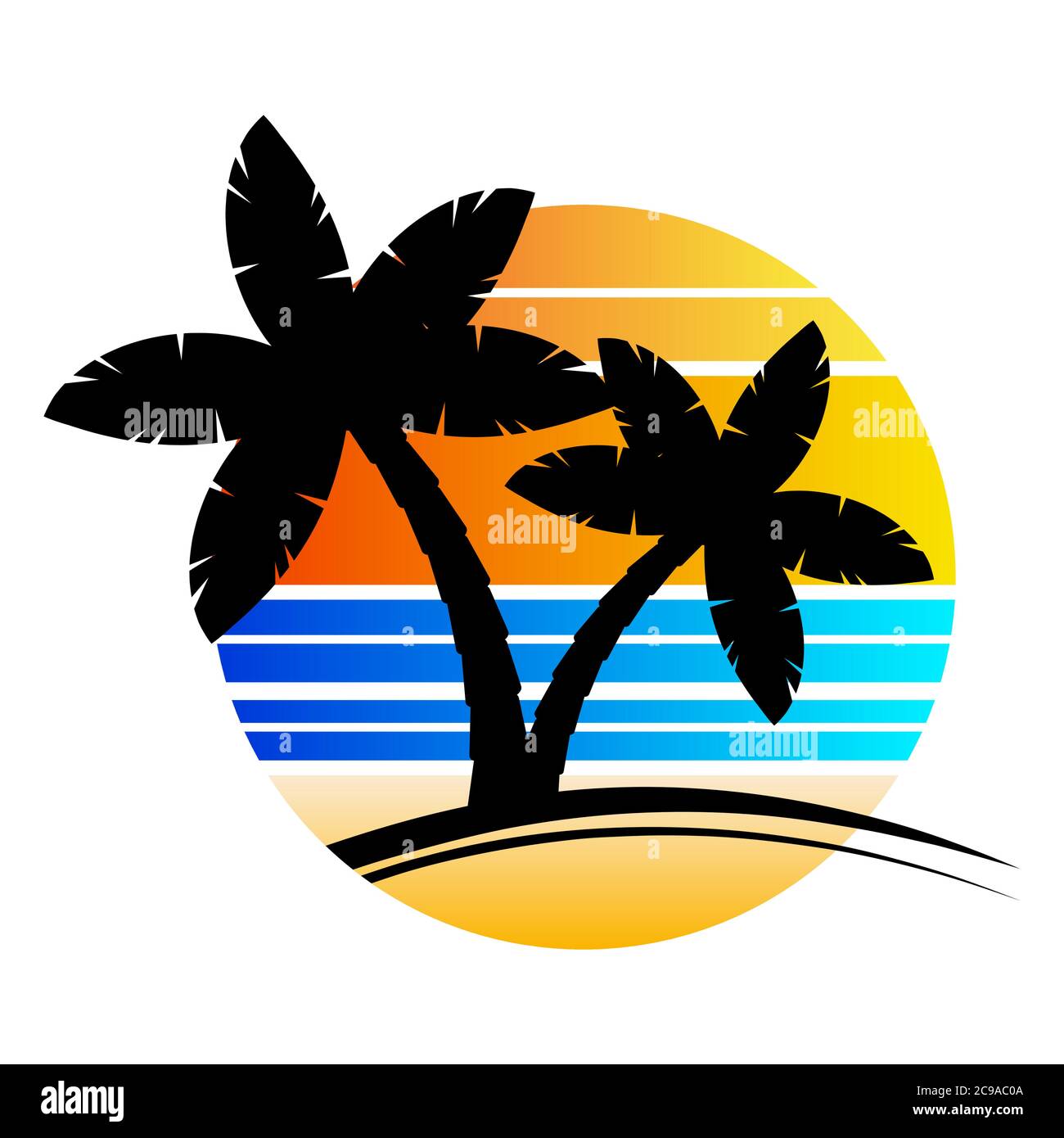 Affiche de soleil ou de paradis de lever de soleil avec des rayures isolées sur blanc. Découvrez l'illustration tendance d'hawaï. Paume graphique minimaliste pour la publicité Illustration de Vecteur