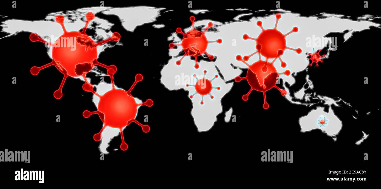 3D-Illustration d'une carte du monde montrant les points chauds du virus corona aux États-Unis, au Brésil, en Inde, en Europe et en russie avec un masque de protection médicale Banque D'Images