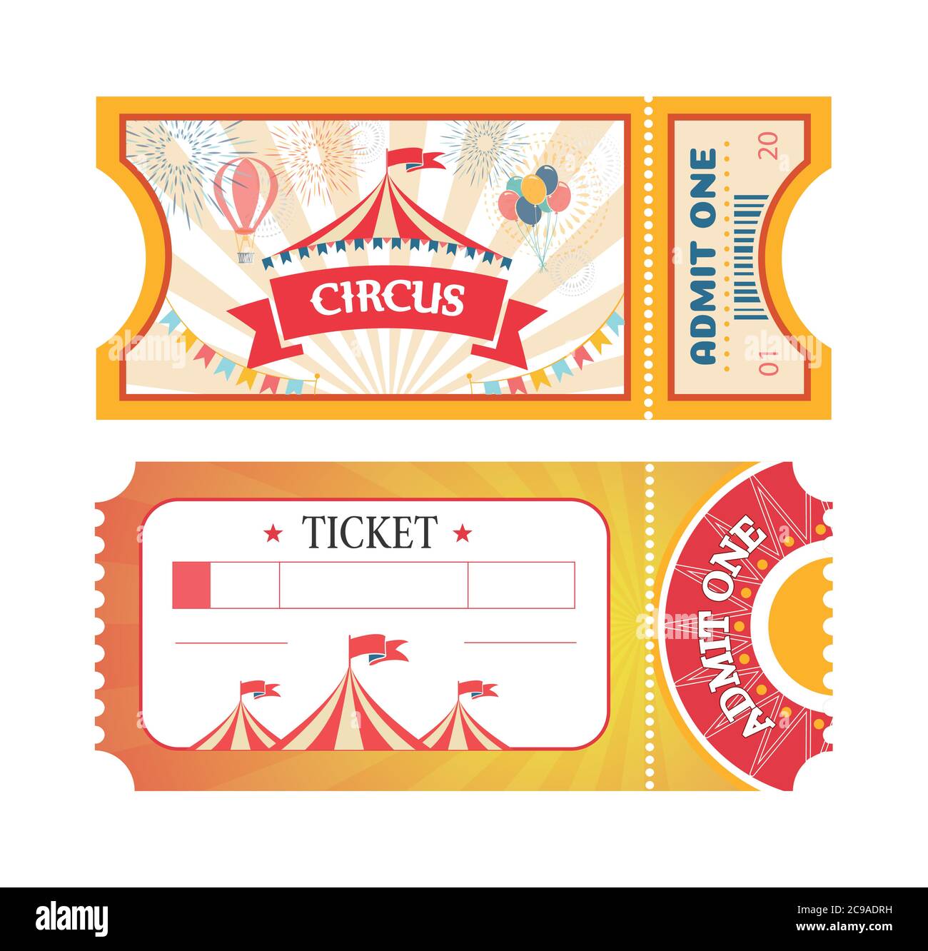 Billets pour le Cirque ou le parc d'attractions, bons imprimés avec images d'attractions du parc d'expositions plat. Billets avec tente de cirque et ballons à rubans rouges. Illustration de Vecteur