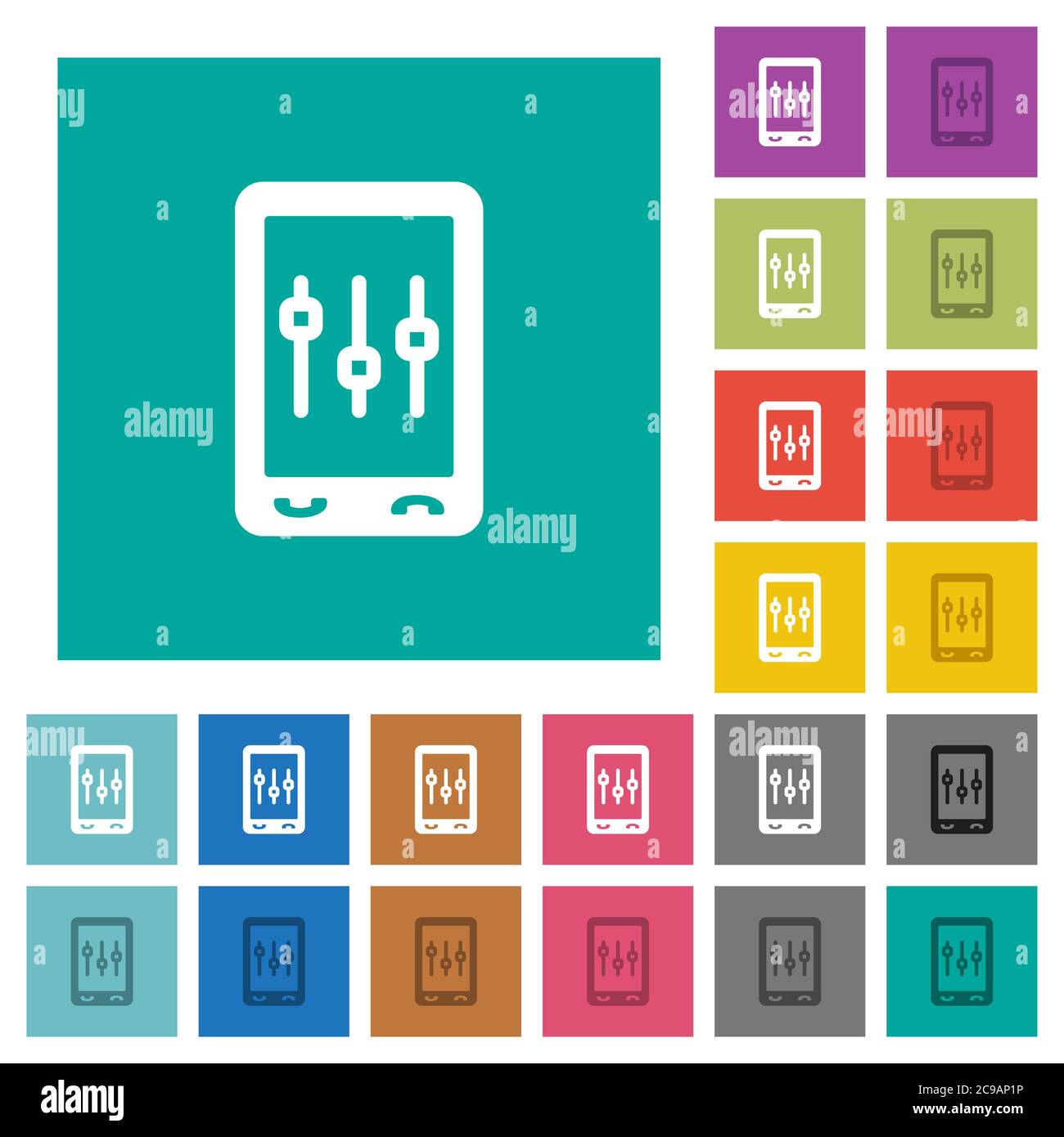 Retouche mobile d'icônes plates multicolores sur des arrière-plans carrés simples. Inclut des variantes d'icône blanche et foncée pour les effets de survol ou actifs. Illustration de Vecteur