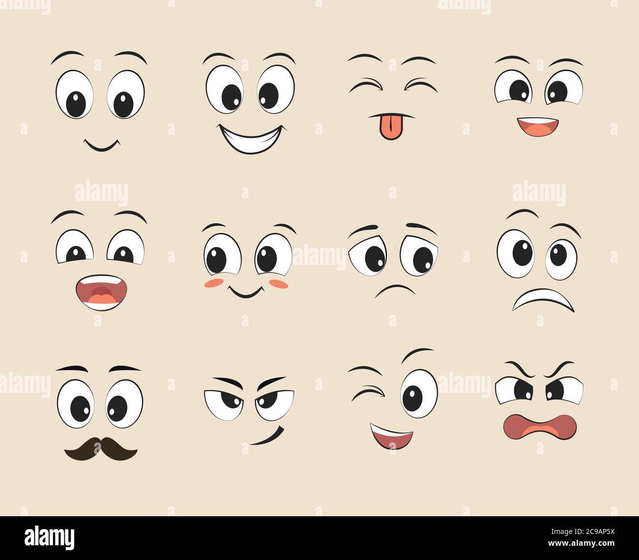 Ensemble de visages amusants. Visages de dessin animé avec des expressions différentes, avec les yeux et la bouche, éléments de conception. Illustrations vectorielles Illustration de Vecteur