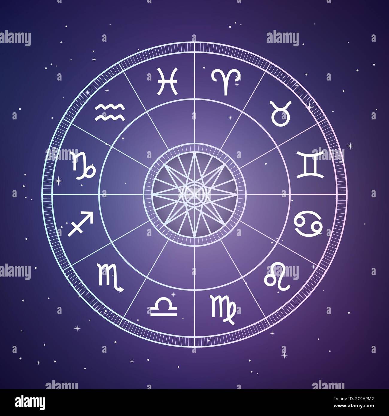 Cercle du zodiaque. Astrologie et horoscopes concept. Roue du zodiaque vectoriel avec signes du zodiaque sur un fond d'espace. Illustration de Vecteur