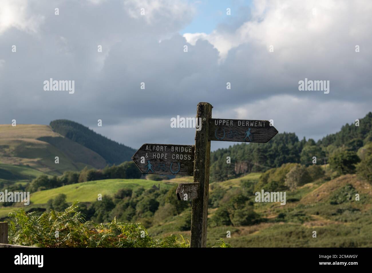 Panneau de marche des marcheurs indiquant le pont d'Alport, Hope Cross et Upper Derwent, au-dessus du col de Snake, Peak District, Derbyshire Banque D'Images