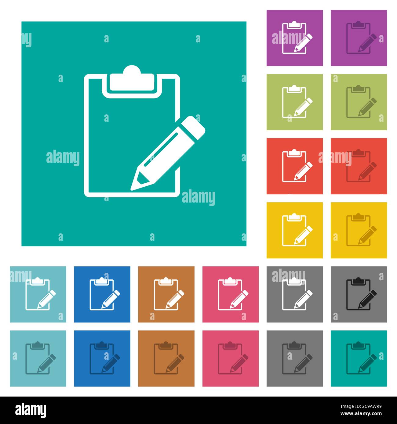 Bloc-notes vierge avec icônes plates multicolores sur fond carré Uni. Inclut des variantes d'icône blanche et foncée pour les effets de survol ou actifs. Illustration de Vecteur