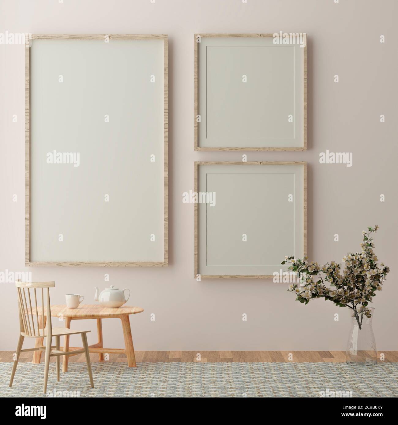 trois maquettes verticales blanches, cadre en bois et chaises sur un mur jaune, illustration 3d Banque D'Images