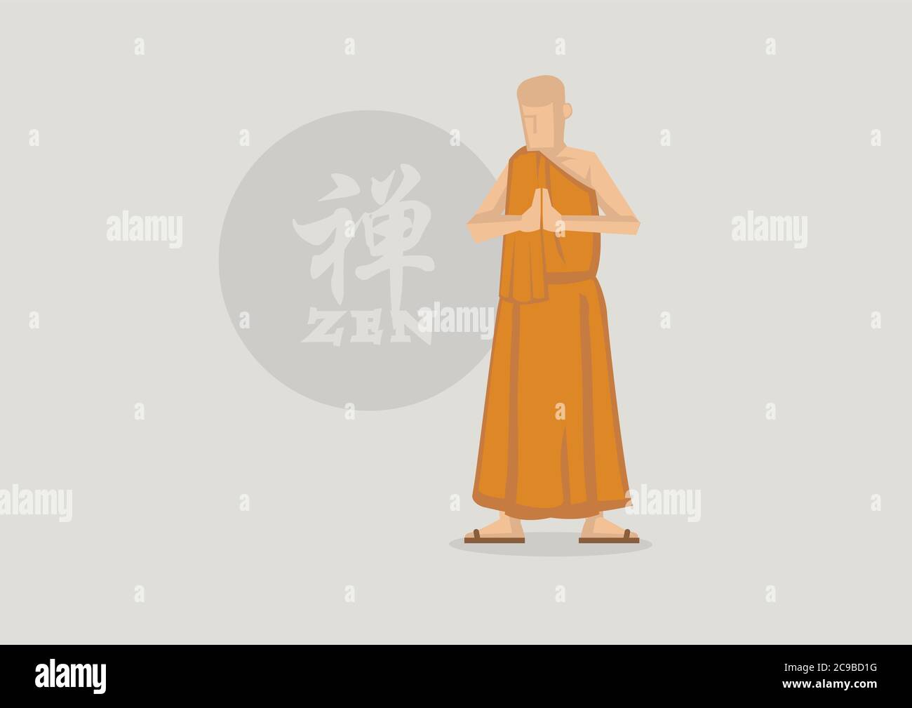 Illustration vectorielle du moine bouddhiste portant une robe de safran priant avec les paumes ensemble et debout devant le symbole du cercle Zen. Caractère chinois ou Illustration de Vecteur