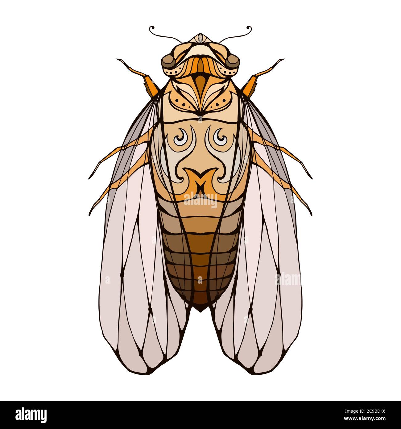 Illustration de cicada colorée avec motif boho. Elément vectoriel pour colorier les imprimés, pour les tee-shirts, les tatouages et un croquis pour votre créativité Illustration de Vecteur