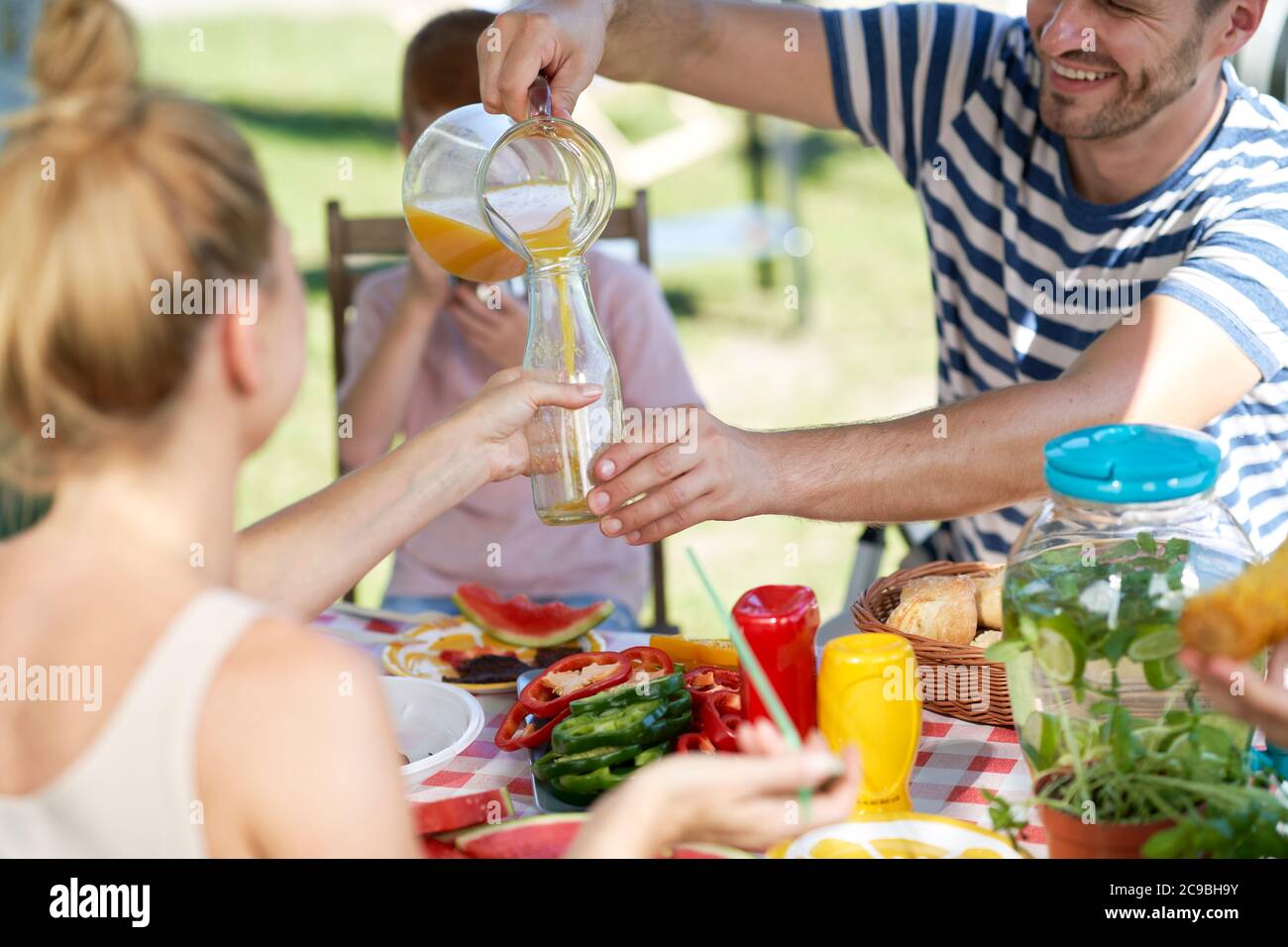 Famille célébrant le pique-nique d'été ensemble Banque D'Images
