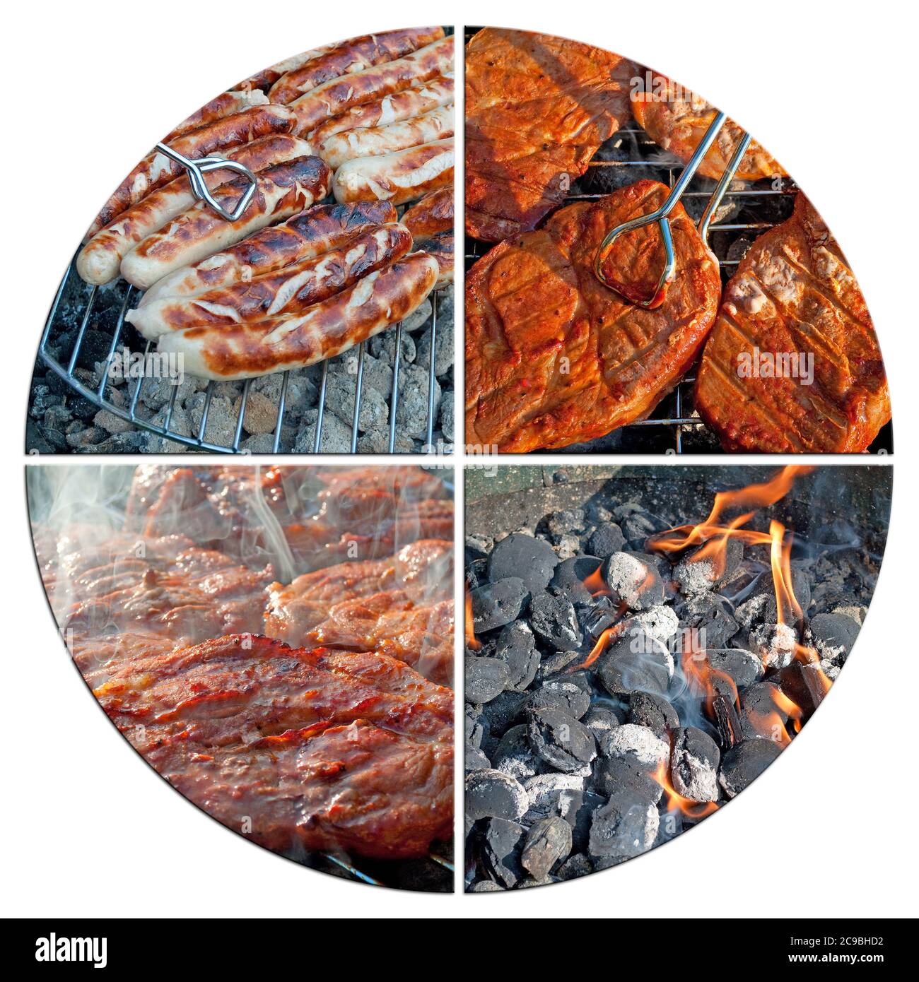 Saucisses et viande sur le gril dans un collage Banque D'Images