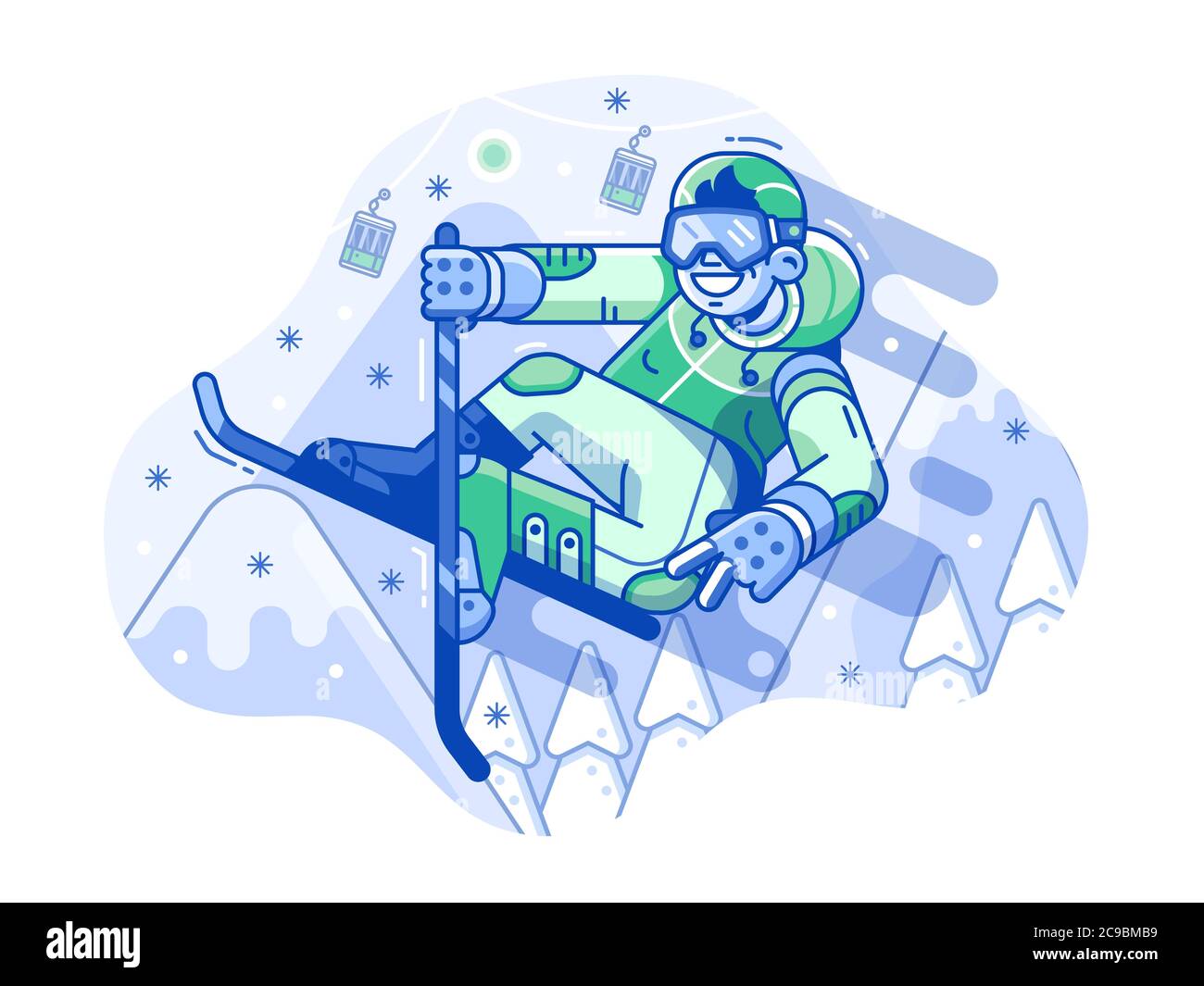 Line gai skieur homme saut sur la montagne Illustration de Vecteur