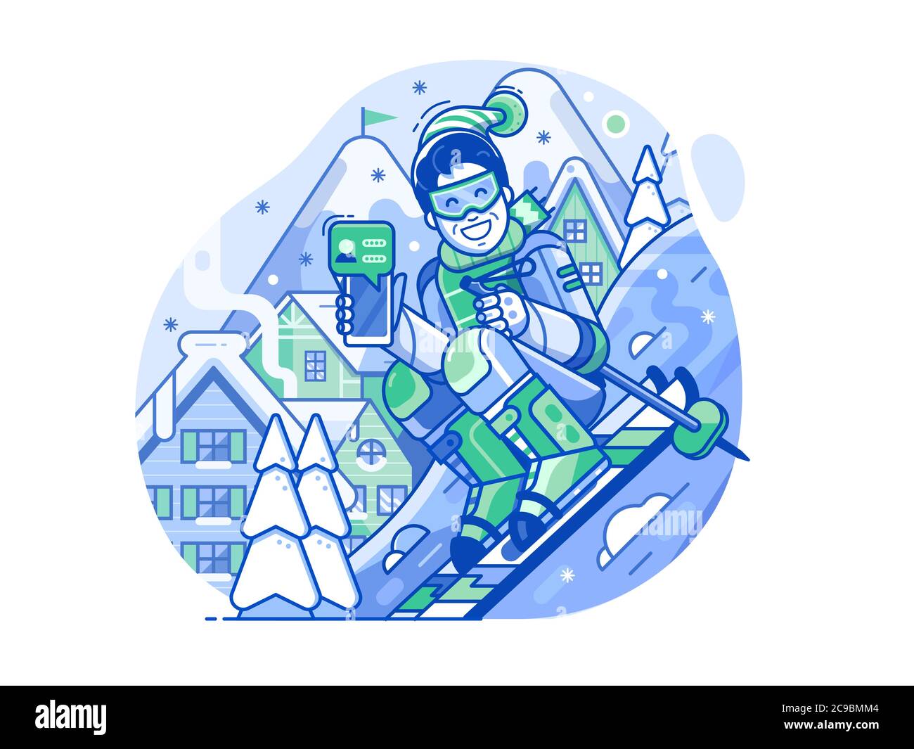 Homme de skieur joyeux avec Smart Phone sur la pente Illustration de Vecteur