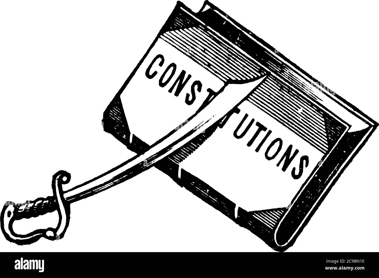 Une illustration avec une épée placée sur un livre avec le nom, 'CONSTITUTIOn', sur sa couverture. La Constitution est un ensemble de principes fondamentaux accordi Illustration de Vecteur
