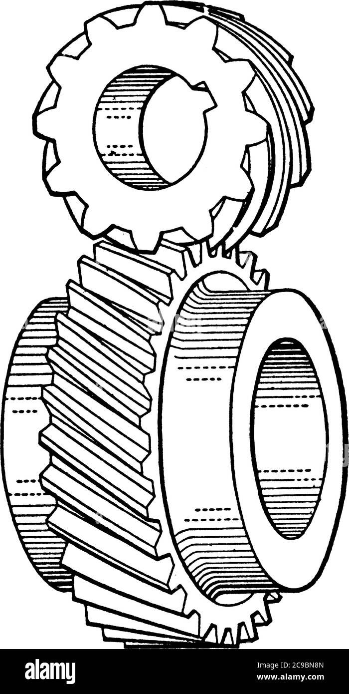 L'engrenage conique hélicoïdal est un équipement métallique à dents hélicoïdales utilisé dans la transmission de puissance, le dessin de ligne vintage ou l'illustration de gravure. Illustration de Vecteur