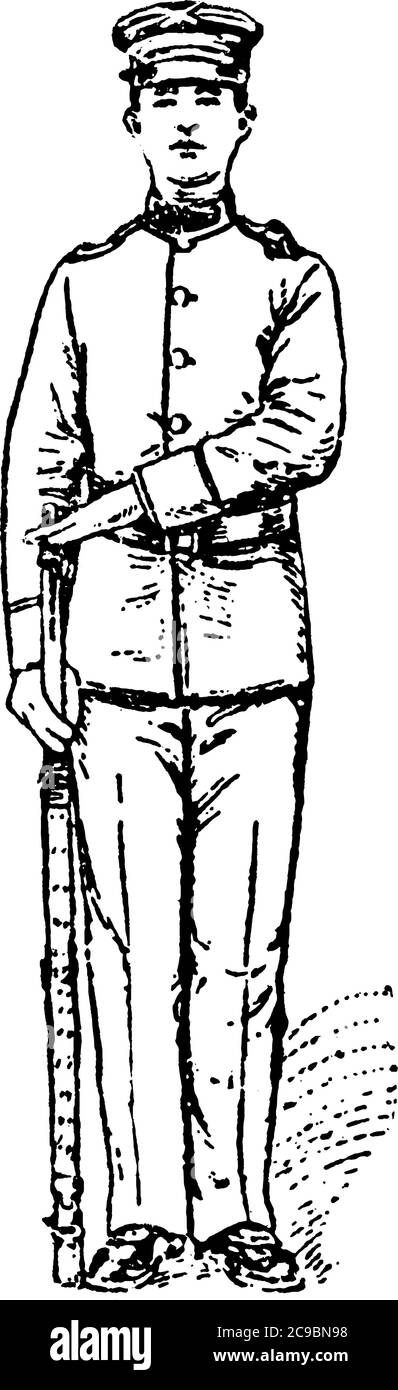 La photo montre, le fusil saluent en portant la main gauche intelligemment vers le côté droit, paume de la main vers le bas, pouce et les doigts étendus et joints, f Illustration de Vecteur