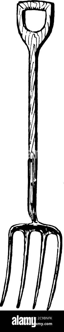 Fourche à pas, un outil agricole, avec une longue poignée, tynes pointues épaisses, largement séparées, utilisées pour soulever et incliner ou jeter des matériaux en vrac, vinta Illustration de Vecteur