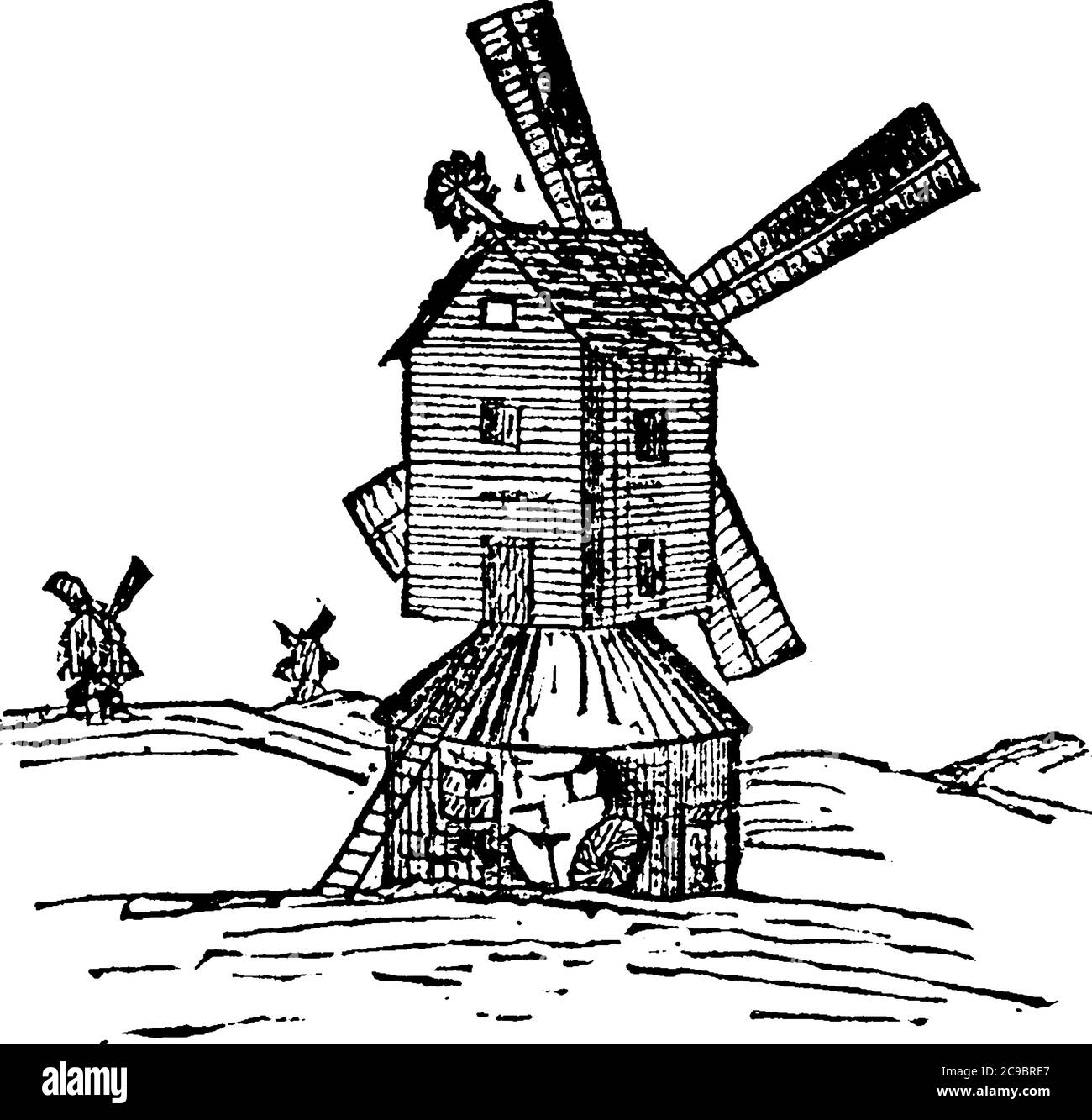 Un moulin à vent est un moulin qui convertit l'énergie du vent en énergie rotationnelle au moyen d'ailettes appelées voiles ou lames, dessin de ligne vintage ou gravi Illustration de Vecteur