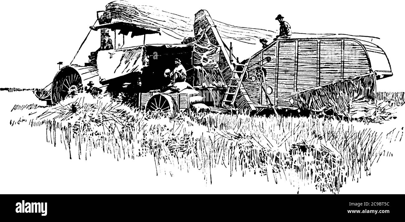 La batteuse est une machine agricole qui est utilisée pour séparer les semences des stocks, pour le dessin ou la gravure de la ligne d'époque Illustration de Vecteur