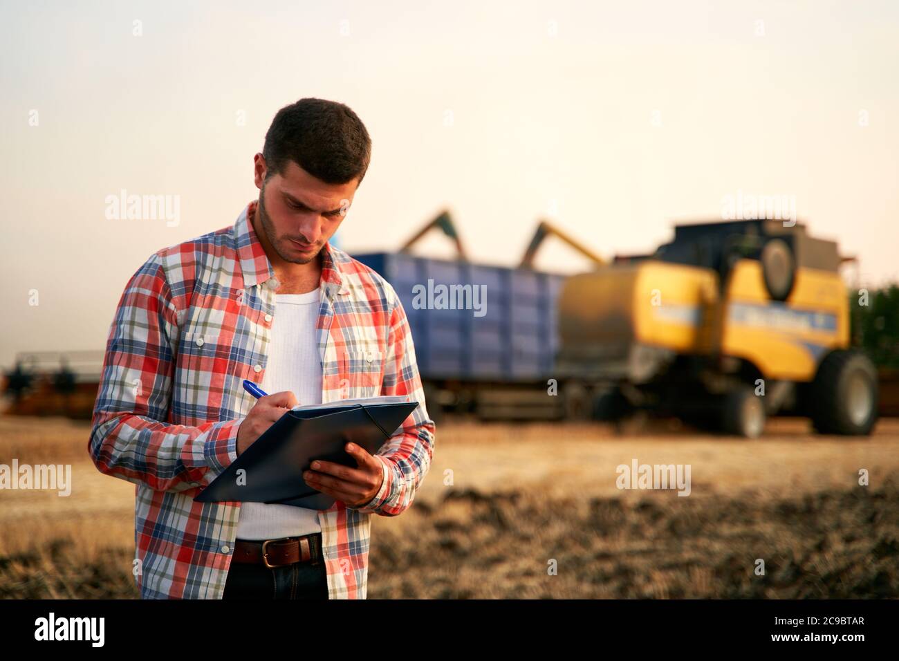 L'agriculteur commande le chargement du blé de la récolteuse au camion à grains. Le conducteur tient le presse-papiers, garde les notes, compte de la cargaison. Le transitaire remplit l'envoi Banque D'Images
