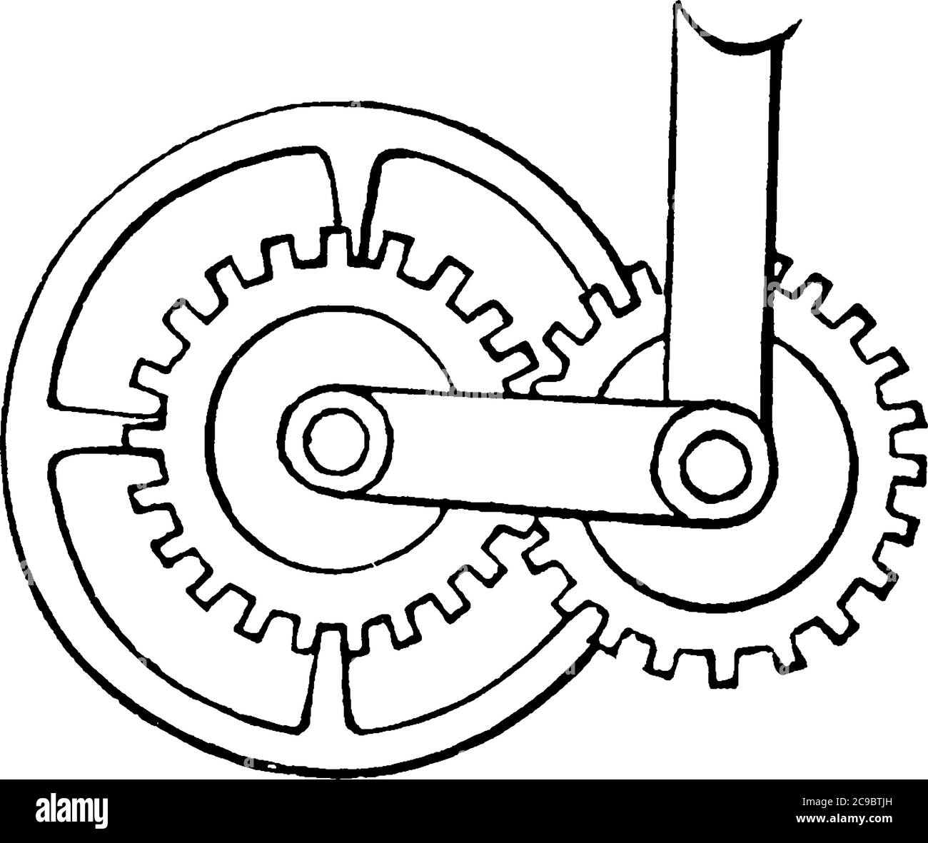 Roue planétaire, l'un des petits pignons d'un train épicycloïdal ; la roue extérieure du soleil et le mouvement planétaire des pignons, dessin de ligne vintage ou fr Illustration de Vecteur