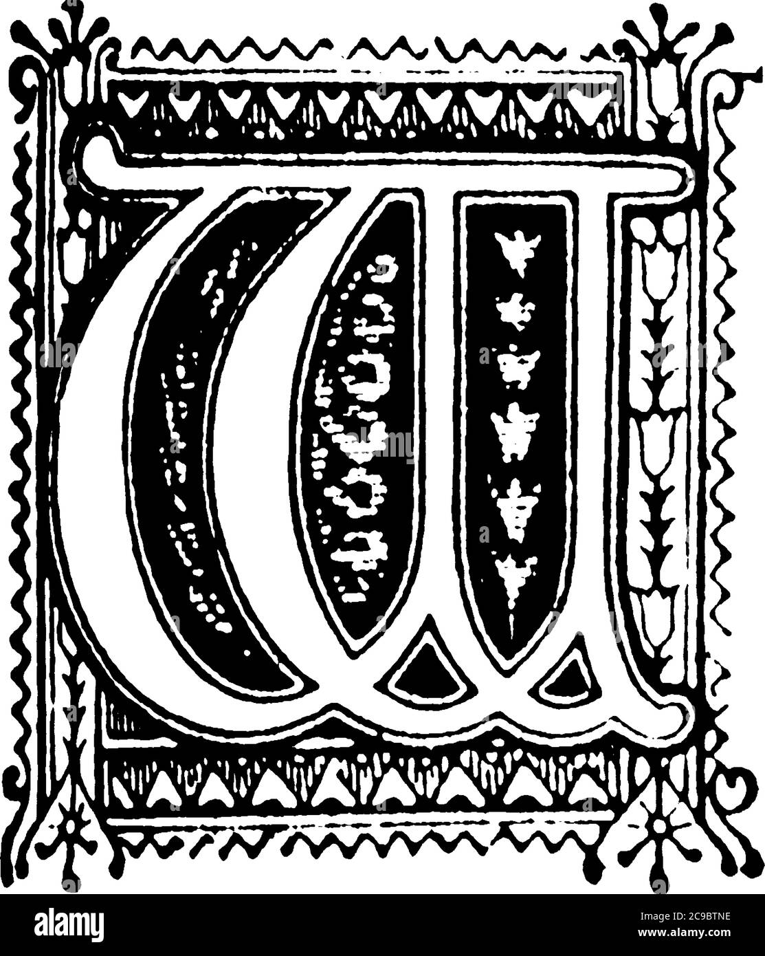 W, initiale ornée d'un alphabet 'capital-W', décorée au centre, entourée de tourbillons fantaisie, de motifs répétés, de décorations florales à l'horizon Illustration de Vecteur