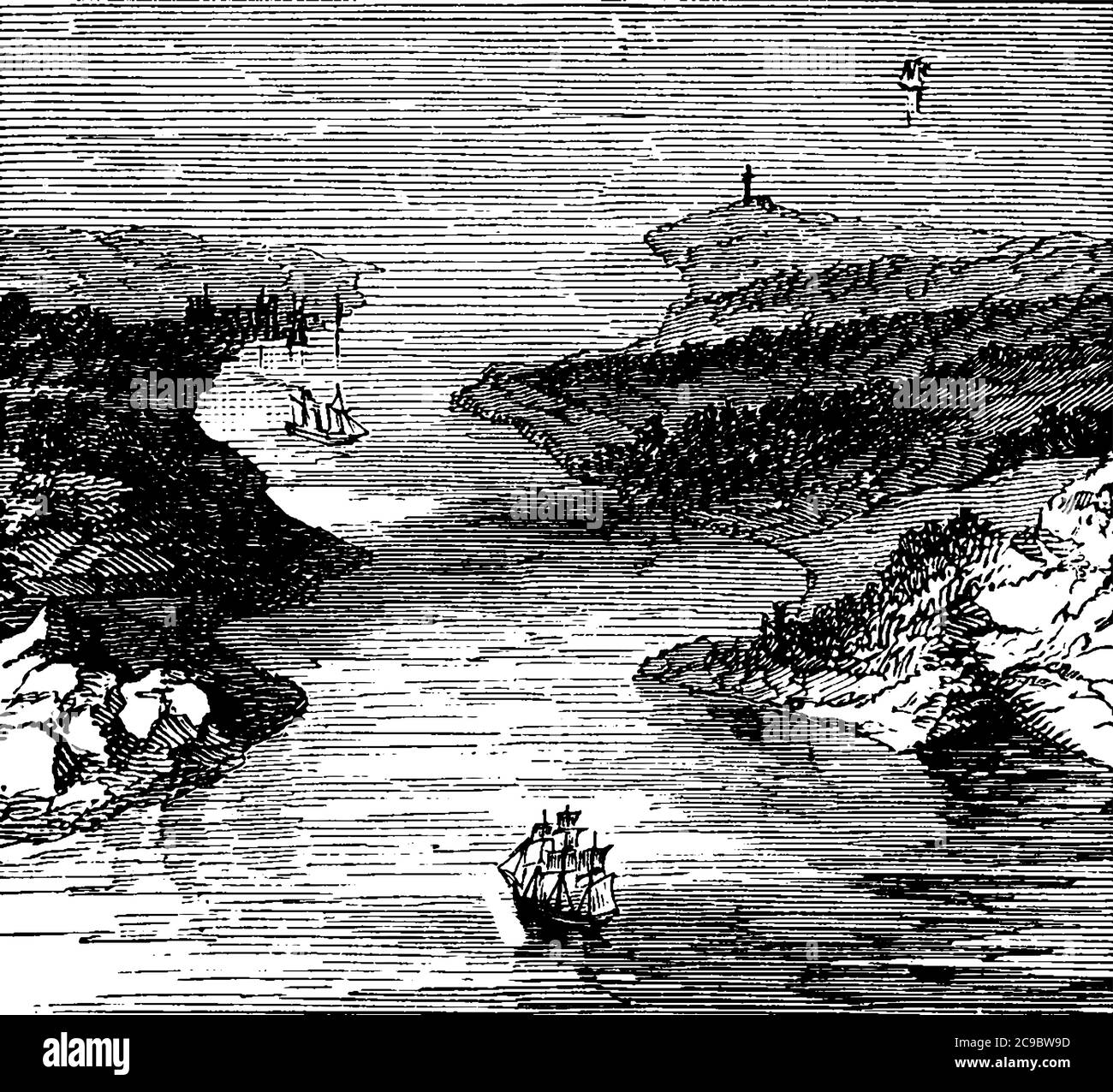 Image d'un droit avec des bateaux passant par lui, dessin de ligne vintage ou illustration de gravure. Illustration de Vecteur