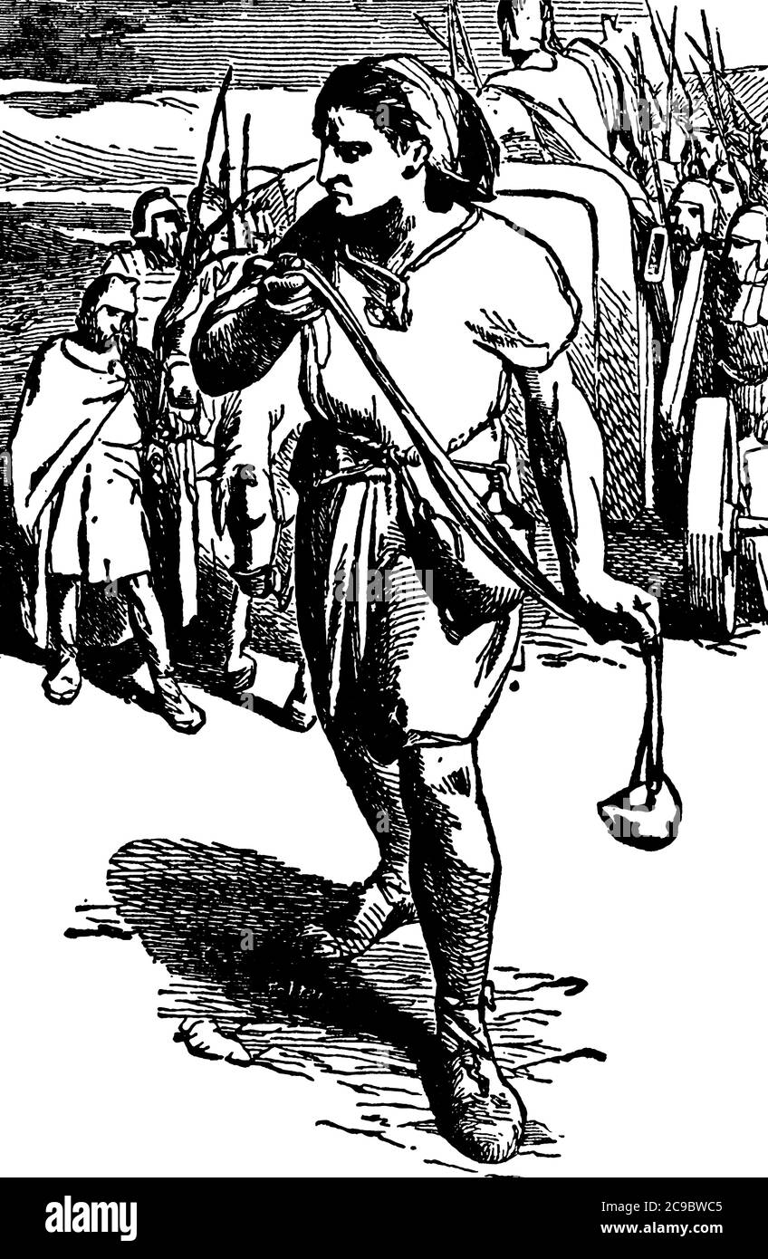 Un homme dirigeant un groupe de personnes avec une élingue dans sa main. Une Sling est une courte sangle en cuir ayant une corde fixée à chaque extrémité, par laquelle une pierre est hu Illustration de Vecteur