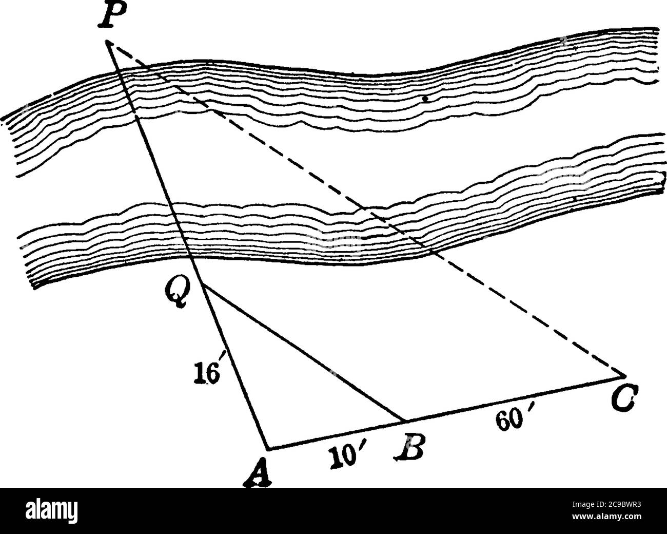 Un triangle dans lequel un angle est un angle droit, c'est-à-dire 90 degrés, souvent appelé triangle droit, dessin de ligne vintage ou illustration de gravure. Illustration de Vecteur