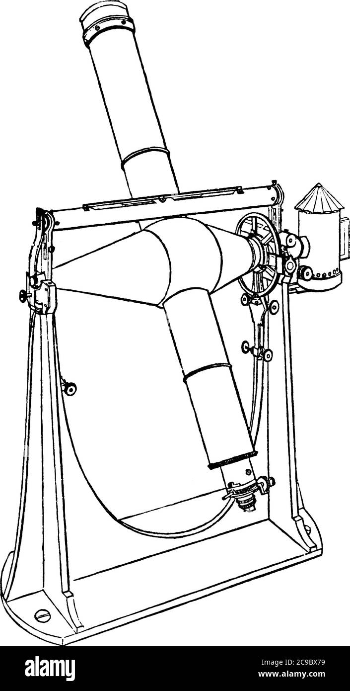 Un petit télescope, utilisé comme instrument astronomique pour l'observation précise de la position des étoiles, avec un support gradué avec précision, Li vintage Illustration de Vecteur