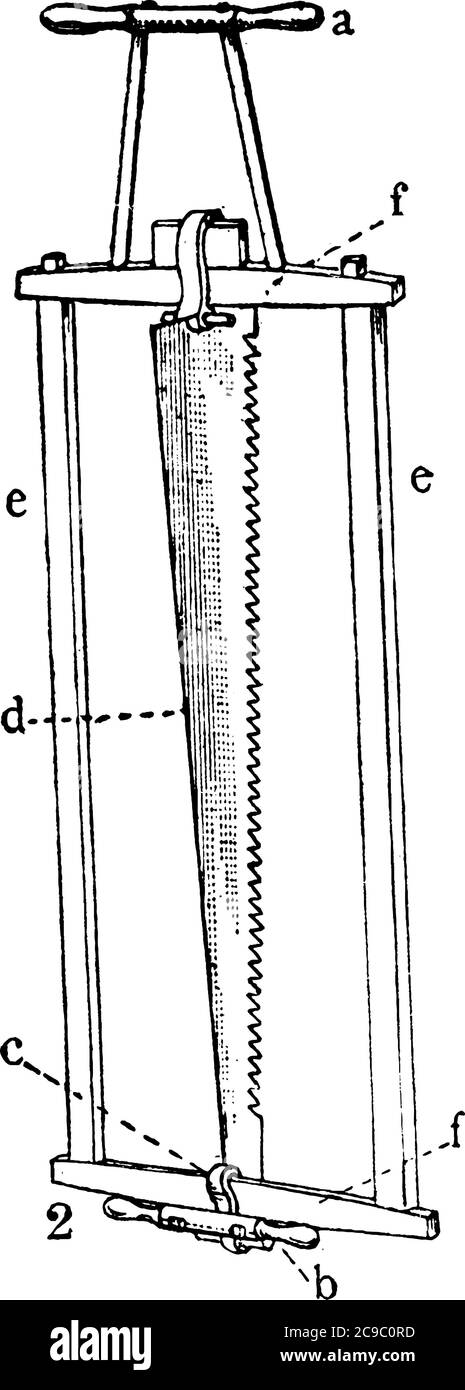 Une énorme scie avec des poignées en haut et en bas, utilisée en position verticale. Il est exploité par deux hommes, l'un se tenant au-dessus du bois qui doit être cu Illustration de Vecteur