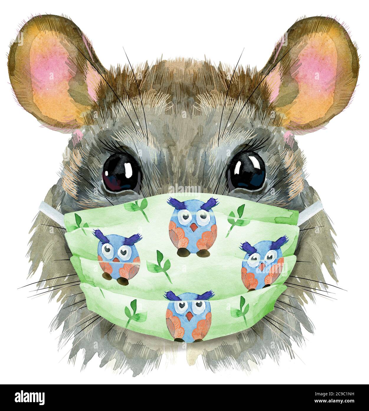 Joli rat dans un masque de protection pour les motifs du t-shirt. Illustration de rat aquarelle Banque D'Images