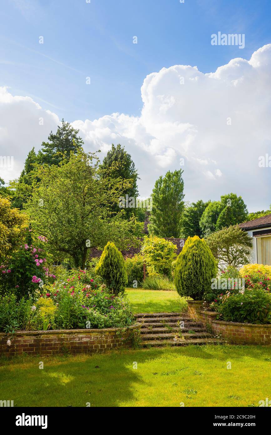 Une scène dans un jardin de campagne anglais montrant deux bordures herbacées et des marches en pierre menant à une pelouse supérieure avec des arbres au début de l'été Banque D'Images