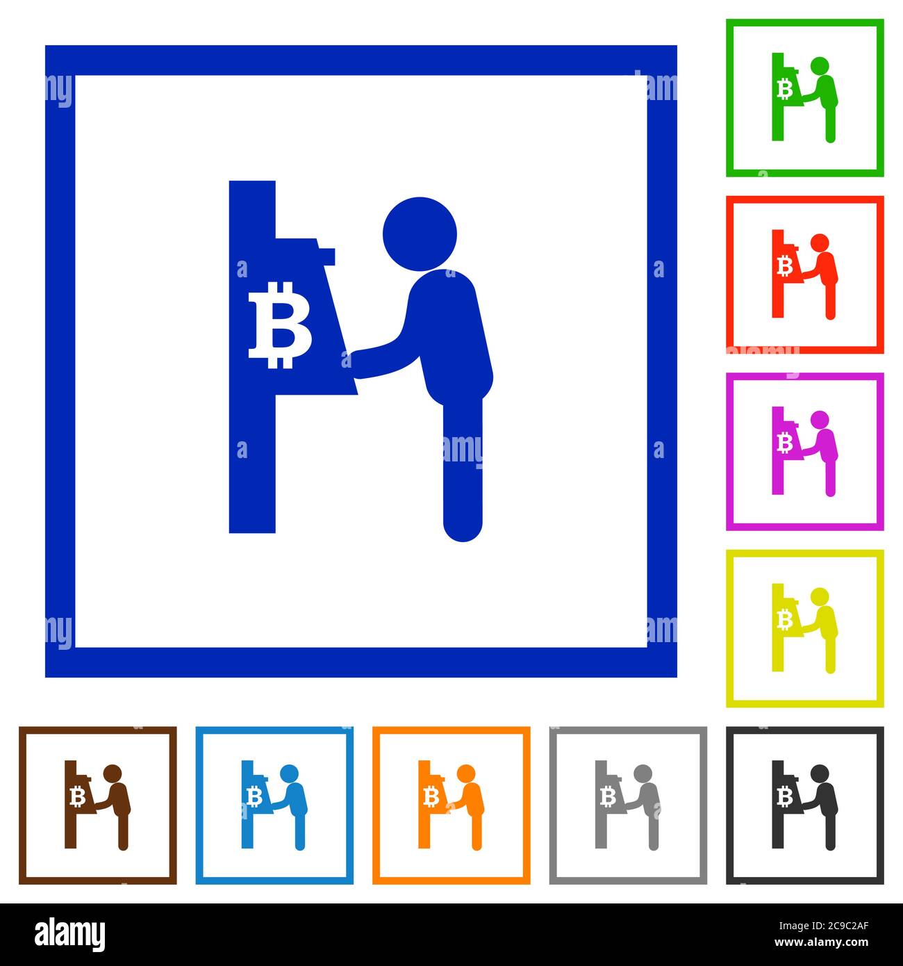 Machine à billets Bitcoin couleur plate icônes dans des cadres carrés sur fond blanc Illustration de Vecteur