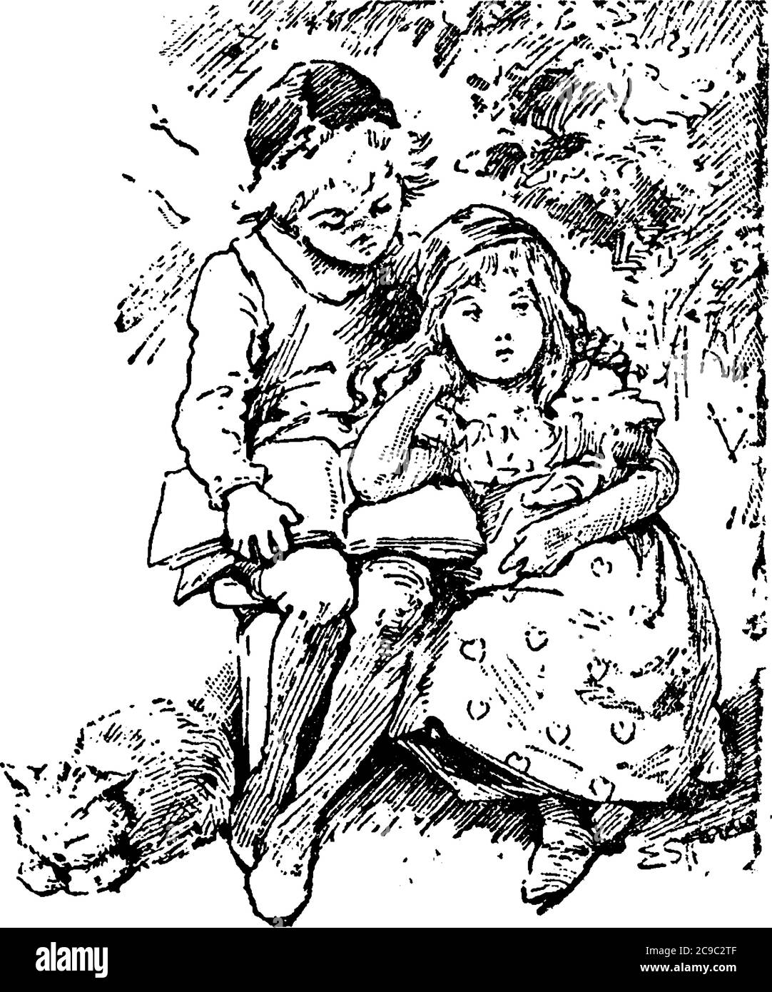 Deux petits enfants assis sur le sol avec un livre laissé ouvert. L'un regarde dans le livre et l'autre regarde quelque chose d'autre, drawi de ligne vintage Illustration de Vecteur