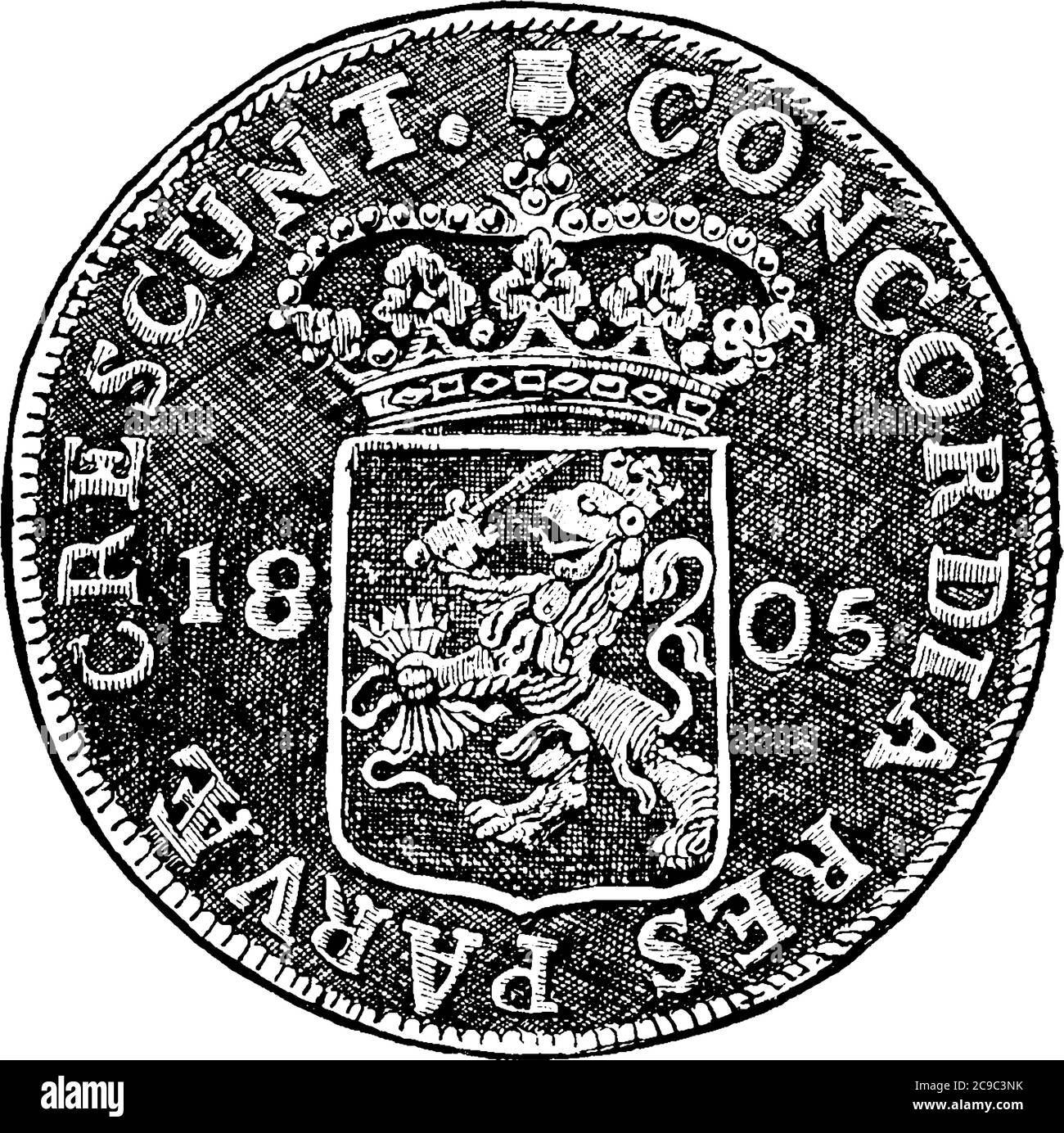 Rix Dollar, l'arrière d'une grande pièce d'argent utilisée pendant le dix-huitième siècle, d'Utrecht, gravé avec la dénomination et les dessins, ligne vintage drawi Illustration de Vecteur