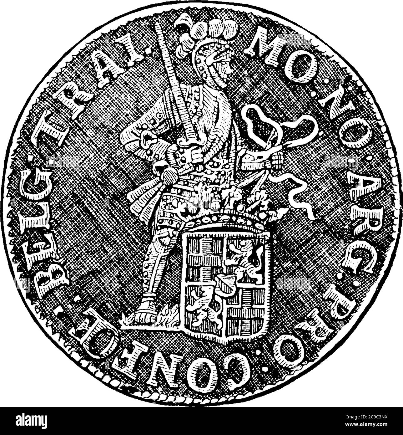 Rix Dollar, le devant d'une grande pièce d'argent utilisée pendant le dix-huitième siècle, d'Utrecht, gravé avec la dénomination et les dessins, ligne vintage Illustration de Vecteur