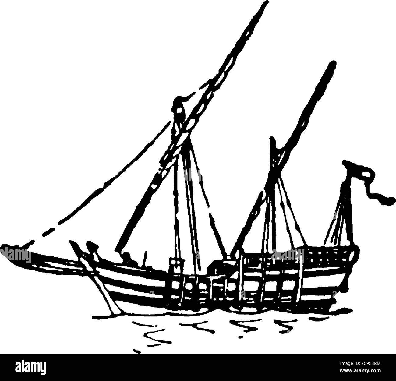 Le Nina est un petit navire de Columbus qui se déplace dans la rivière. Il s'agissait de vieux navires de temps et maintenant un jour ils ne sont pas disponibles, ligne vintage drawi Illustration de Vecteur