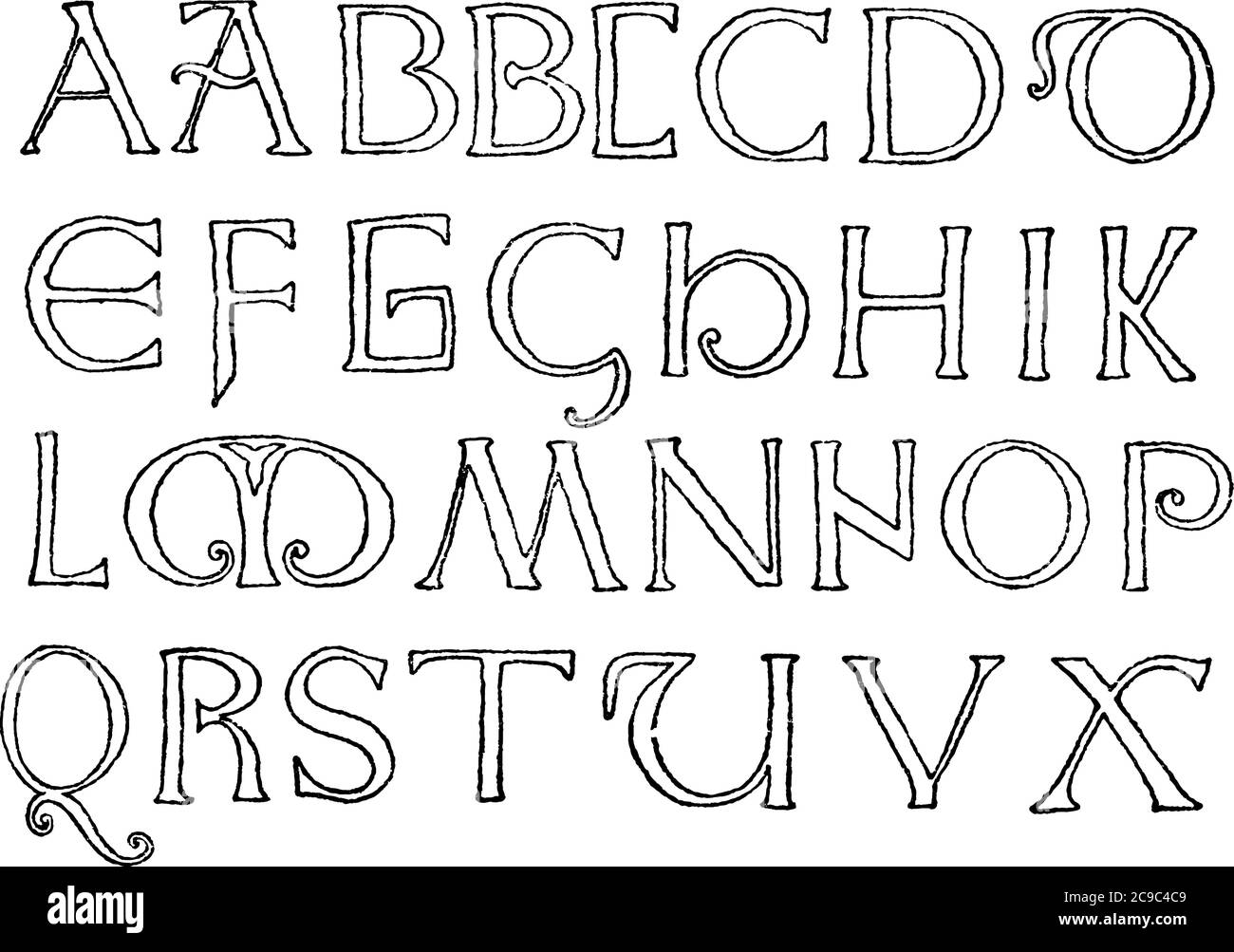C'est une image des alphabets, 10ème siècle, British Museum, les alphabets sont montrés ici, le dessin ou la gravure de ligne vintage, l'illustration vintage. Illustration de Vecteur