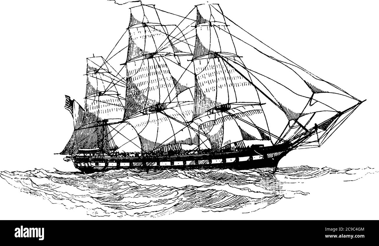 Une représentation typique d'un navire, un grand bateau pour transporter des personnes ou des marchandises par mer, la voile sur la mer, le dessin de ligne vintage ou la gravure illust Illustration de Vecteur
