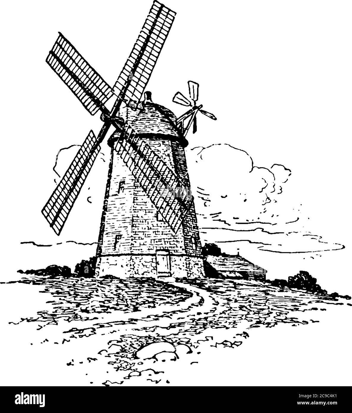 Il s'agit d'un moulin à vent de l'époque. Windmill est une structure qui convertit l'énergie du vent en énergie rotationnelle au moyen des grandes pales. Ce r Illustration de Vecteur