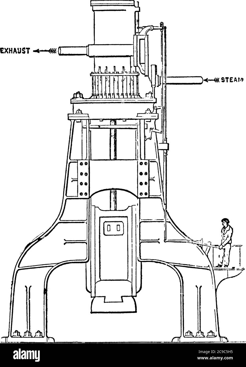 Également connu sous le nom de marteau burineur, est entraîné par la vapeur et utilisé dans l'application de forges de façonnage et aussi pour conduire des pieux, le dessin de ligne vintage ou gravi Illustration de Vecteur