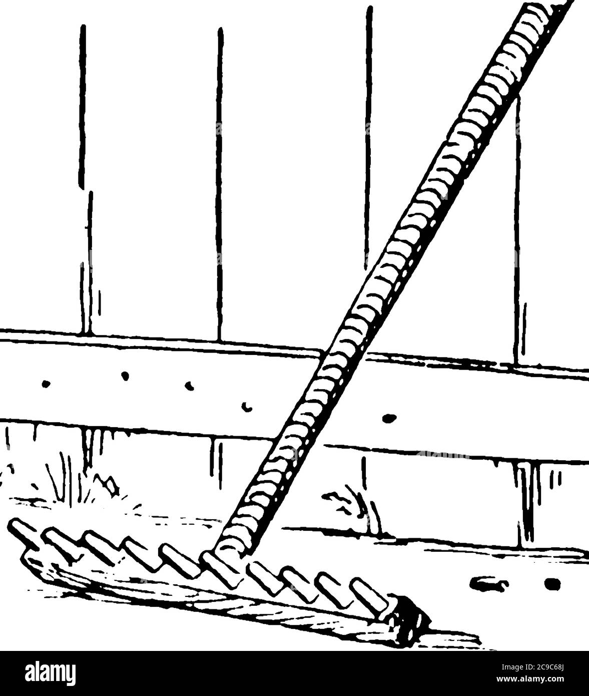 La photo représente un râteau incliné contre la clôture, il est utilisé pour nettoyer et suer les saletés et les poussières du sol, le dessin de ligne vintage o Illustration de Vecteur