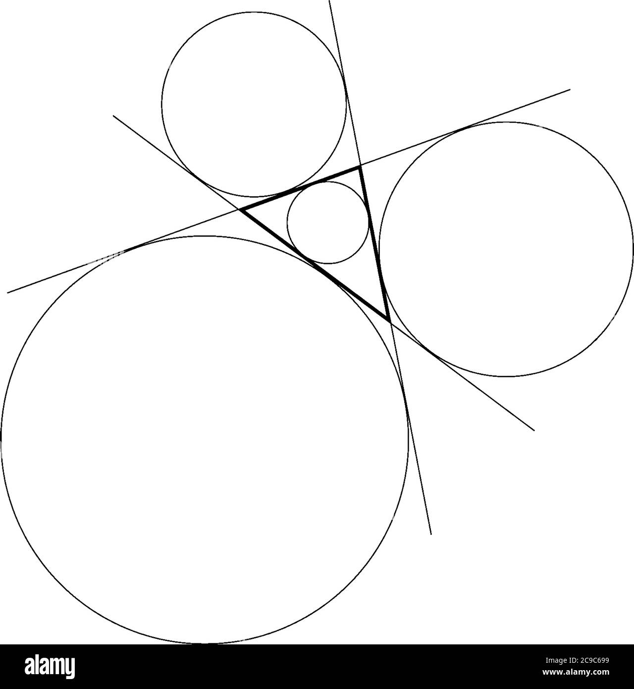 Construction géométrique d'un triangle avec son cercle intérieur et ses trois cercles d'exposition construits, dessin de ligne vintage ou illustration de gravure. Illustration de Vecteur