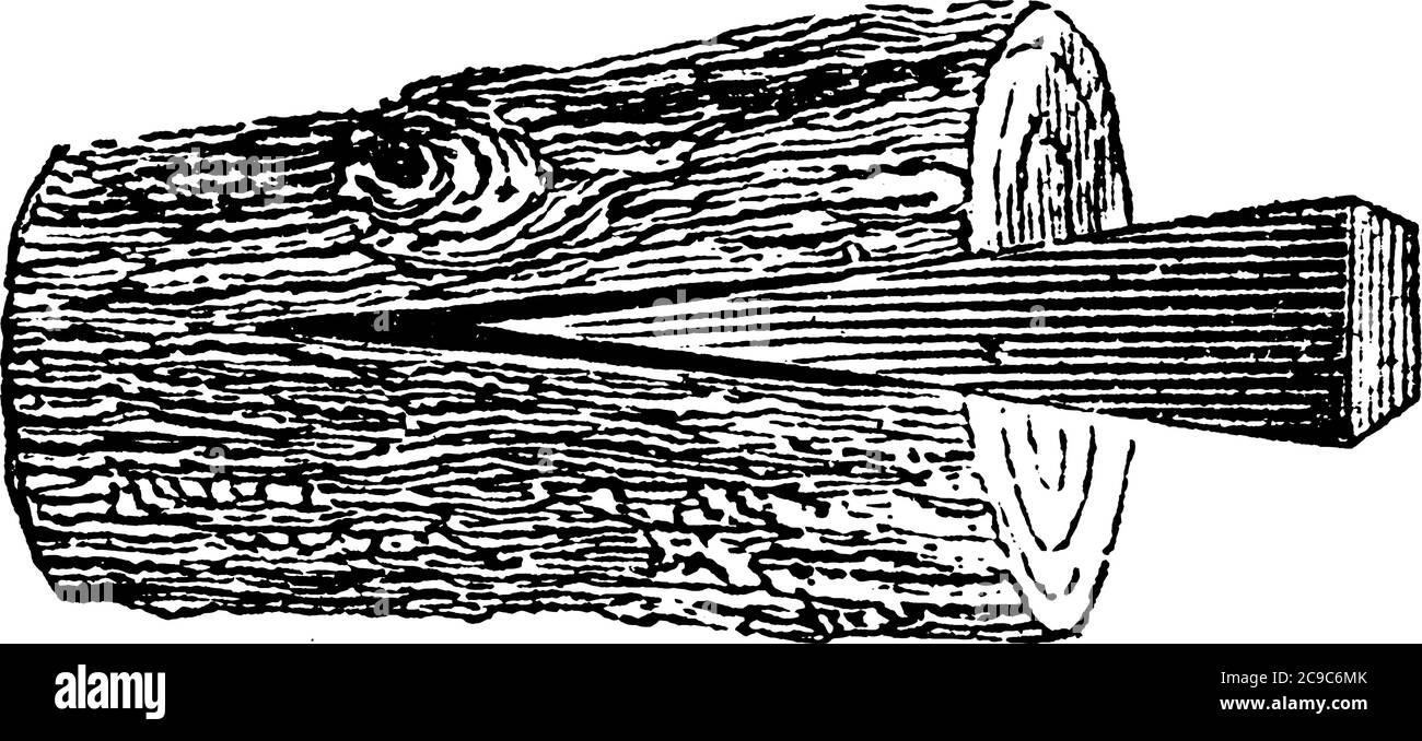 Coin de séparation utilisé pour découper des bois plus durs qui sont trop durs pour une hache traditionnelle, un dessin de ligne vintage ou une illustration de gravure. Illustration de Vecteur