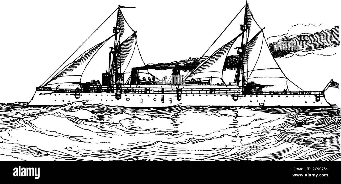 Une représentation typique d'un navire, un grand bateau pour transporter des personnes ou des marchandises par mer, la voile sur la mer, le dessin de ligne vintage ou la gravure illust Illustration de Vecteur