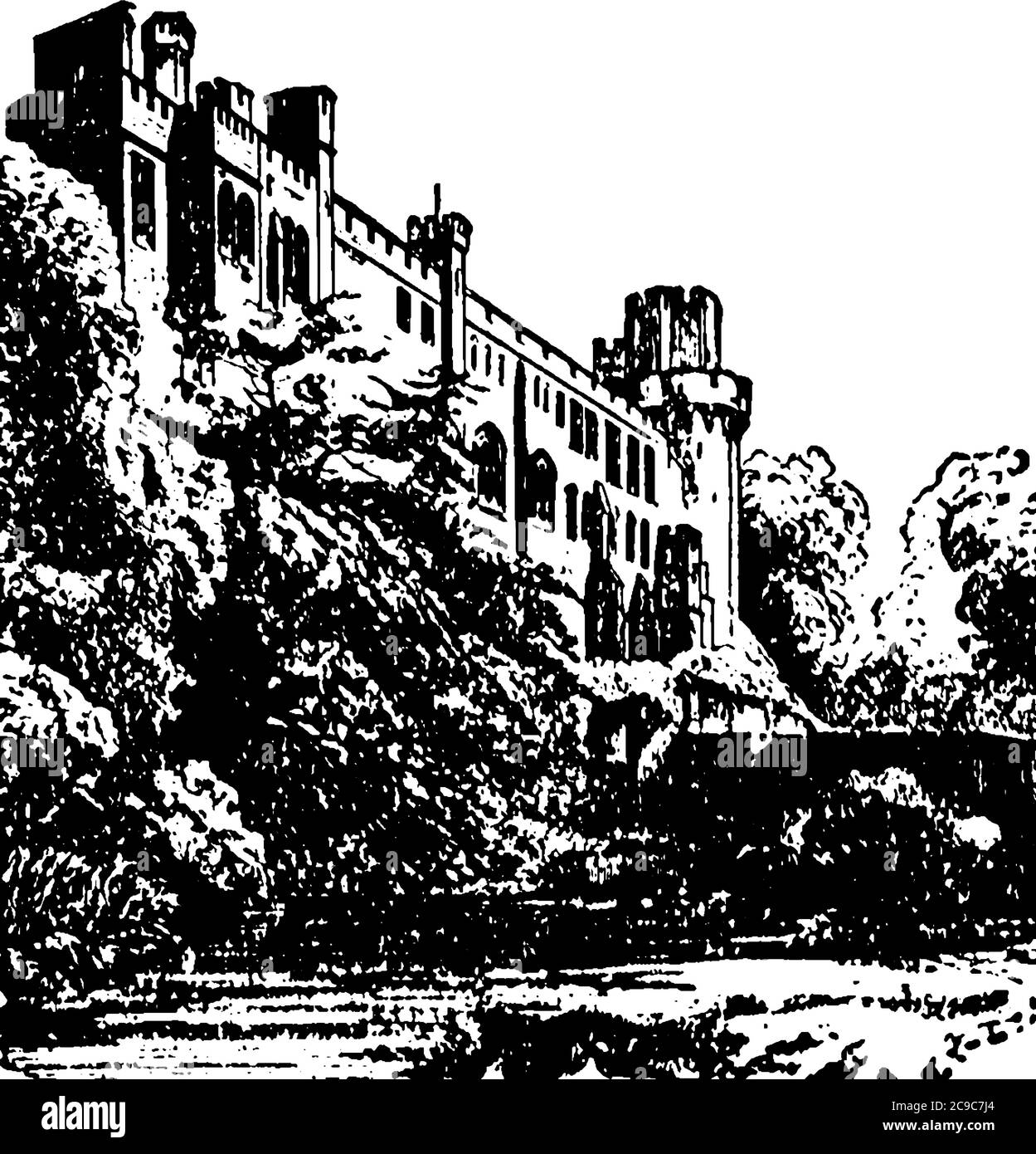 Château de Warwick de la période médiévale, fortifié contre les ennemis attaque avec des murs épais, dessin de ligne vintage ou illustration de gravure. Illustration de Vecteur Château de Warwick de la période médiévale, fortifié contre les ennemis attaque avec des murs épais, dessin de ligne vintage ou illustration de gravure. Illustration de Vecteur