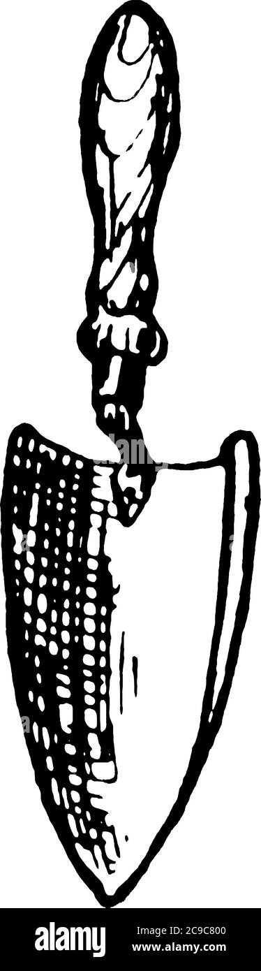 Truelle, un petit outil à main utilisé pour appliquer, lisser, creuser ou déplacer peu de matières visqueuses ou particulaires, dessin de ligne vintage ou engr Illustration de Vecteur