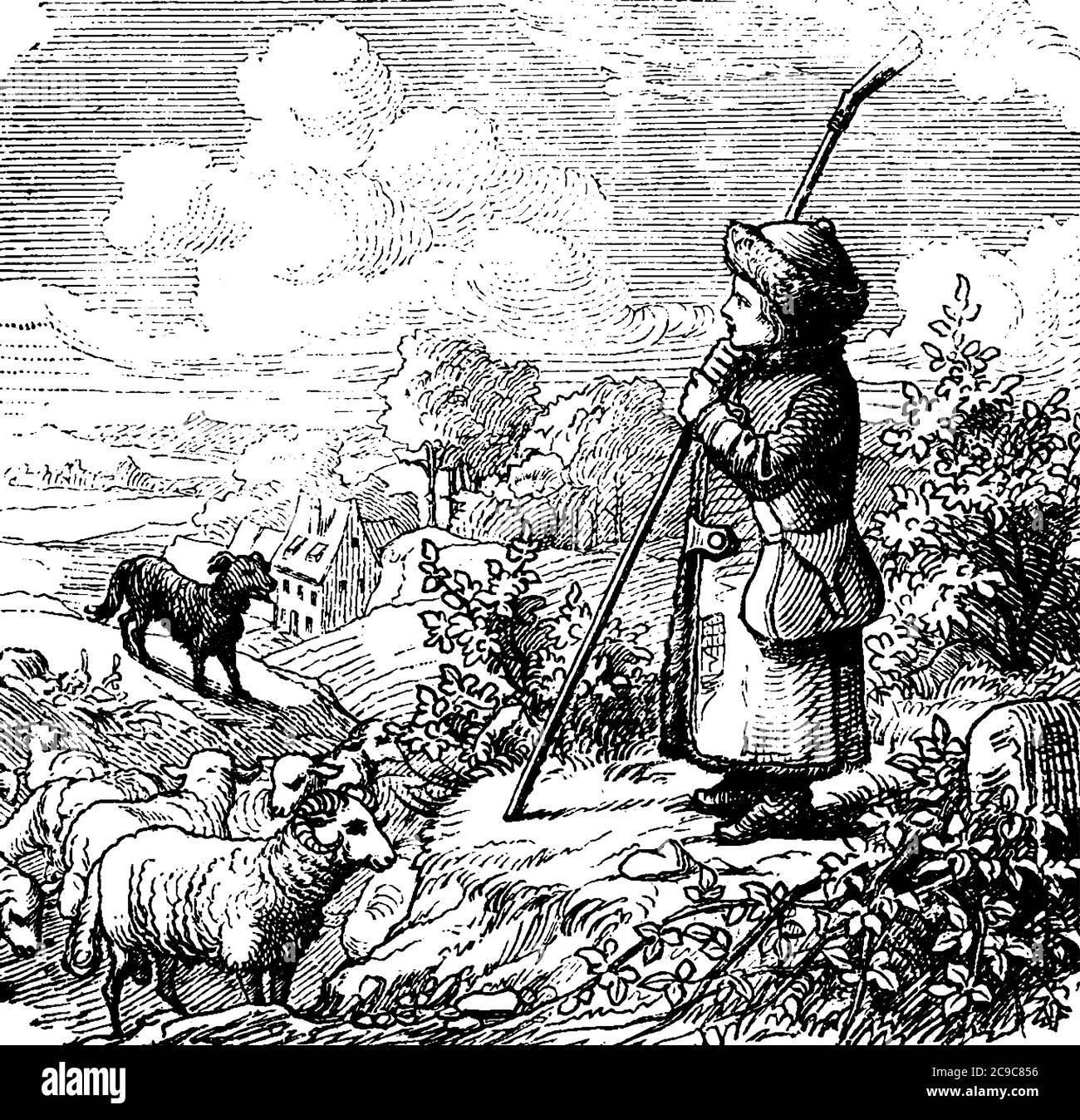 Un garçon de berger qui s'occupe de brebis, de dessin de ligne vintage ou d'illustration de gravure. Illustration de Vecteur